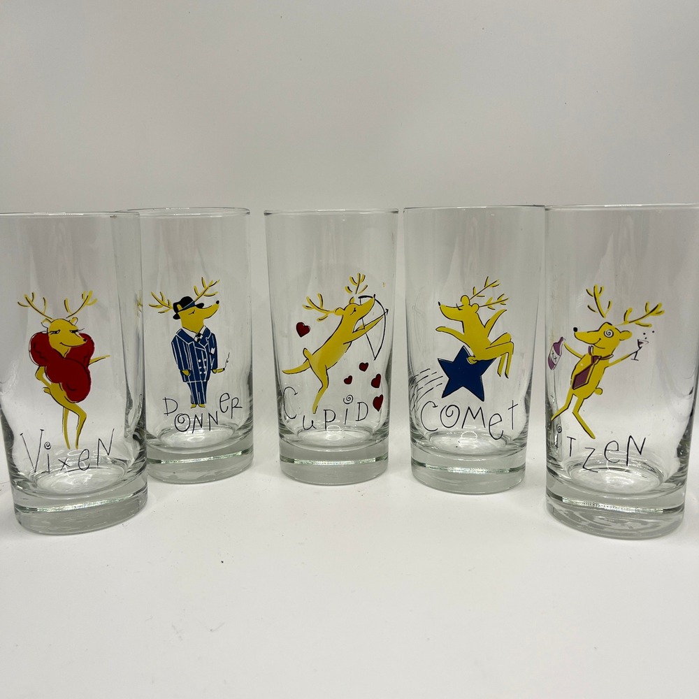 Pottery Barn Reindeer Highball Glasses Set of 5 Discontinued Christmas Barware